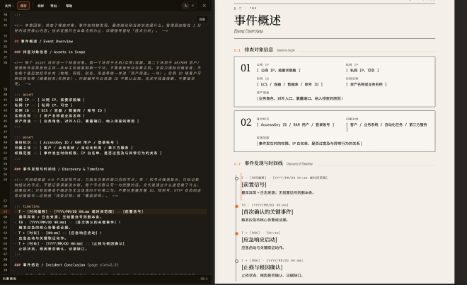 图 3|split-pane 编辑界面:左侧 Markdown 源码,右侧渲染报告